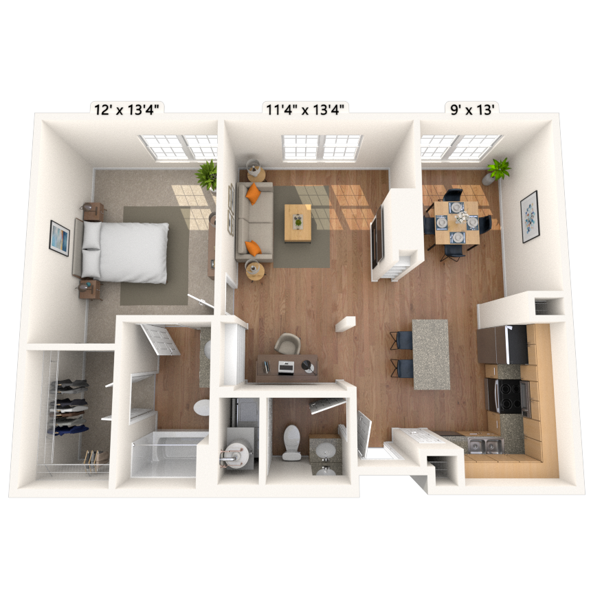 Floor plan for 1 bed, 1.5 baths, 879 sqft